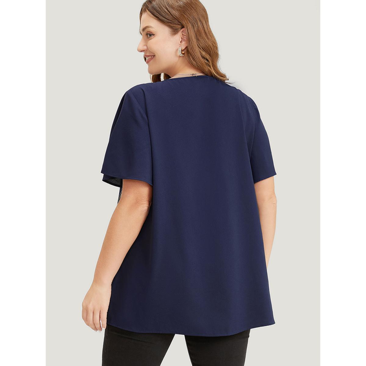 Plus Size Aegean Plain Rhinestones Detail Ruffles Sleeve Blouse Women Party Short sleeve Round Neck Dailywear Blouses BloomChic 26/4X Product Image