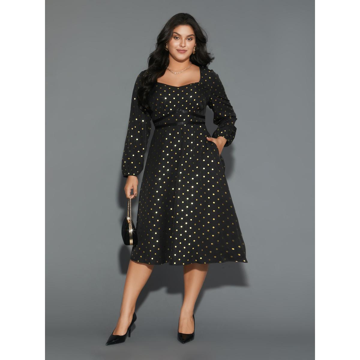 Plus Size Glitter Polka Dot Heart Neckline Dress Black Women Cocktail Woven ribbon&lace trim Party Curvy Bloomchic 22-24/3X Product Image