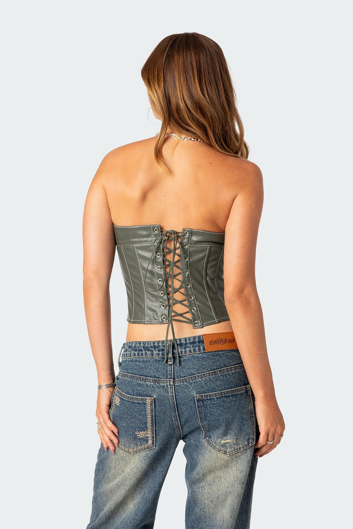 Moss Faux Leather Lace Up Corset Product Image