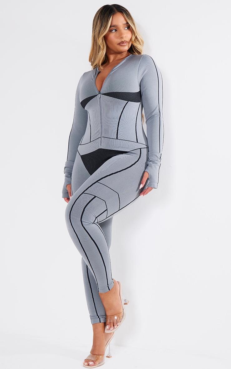 Shape Light Grey Seamless Contrast Long Sleeve Zip Through Jumpsuit Product Image