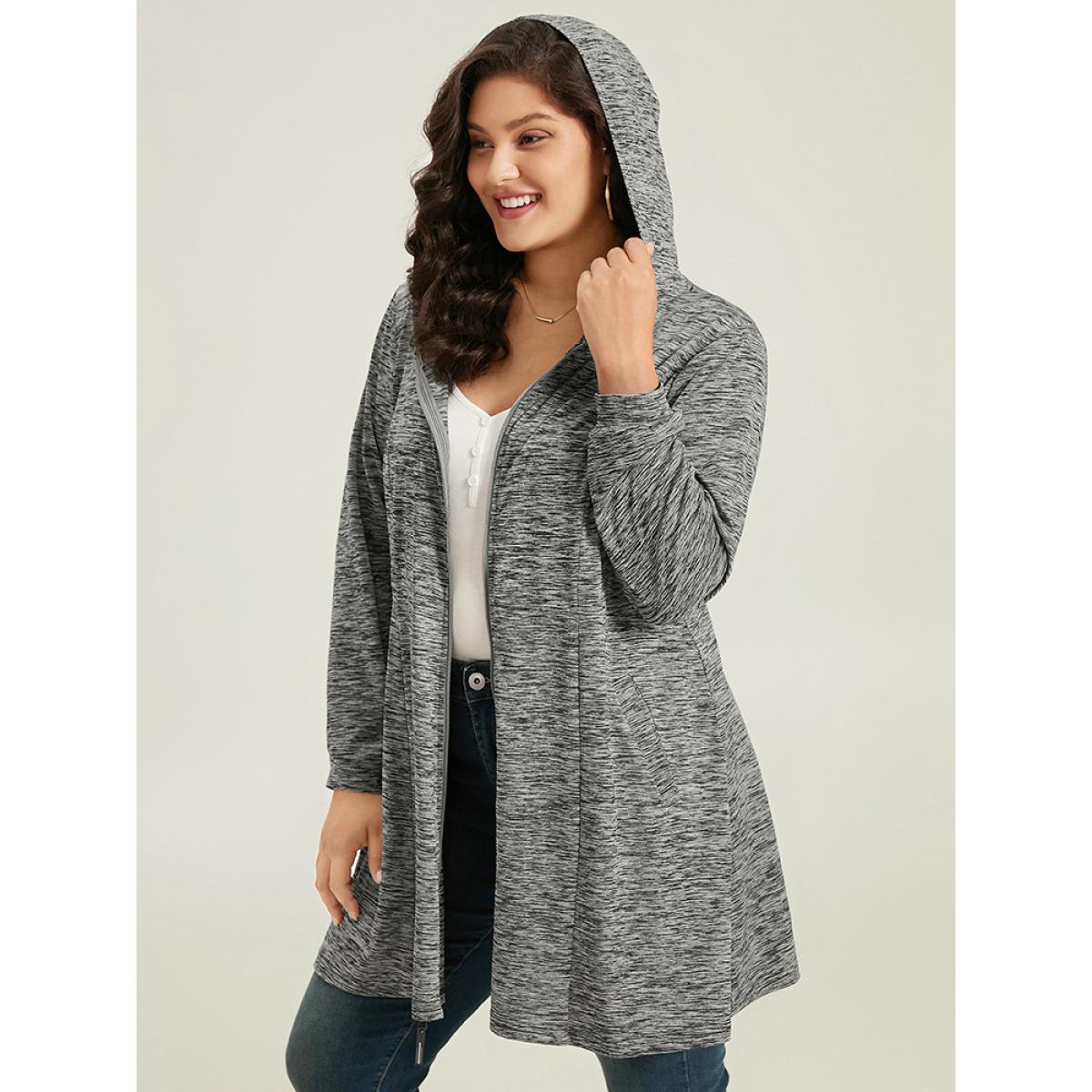 Plus Size Plain Heather Zipper Pocket Hooded Jacket Women DimGray Plain Pocket Dailywear Jackets BloomChic 10/M Product Image