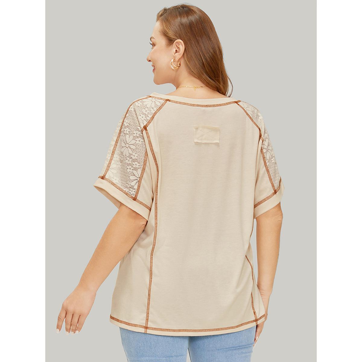 Plus Size Floral Lace Insert Stitch Trim T-shirt Beige Women Elegant Plain V-neck Dailywear T-shirts BloomChic 28/5X Product Image