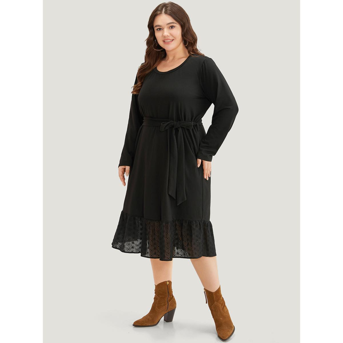 Plus Size Broderie Anglaise Round Neck Belted Flutter Hem Dress Black Women Casual Plain Round Neck Long Sleeve Curvy Midi Dress BloomChic 22-24/3X Product Image