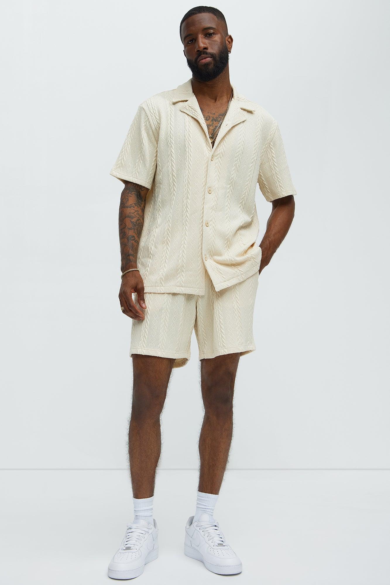 Textured Stripes Cuban Short Sleeve Button Up Shirt - Cream Product Image