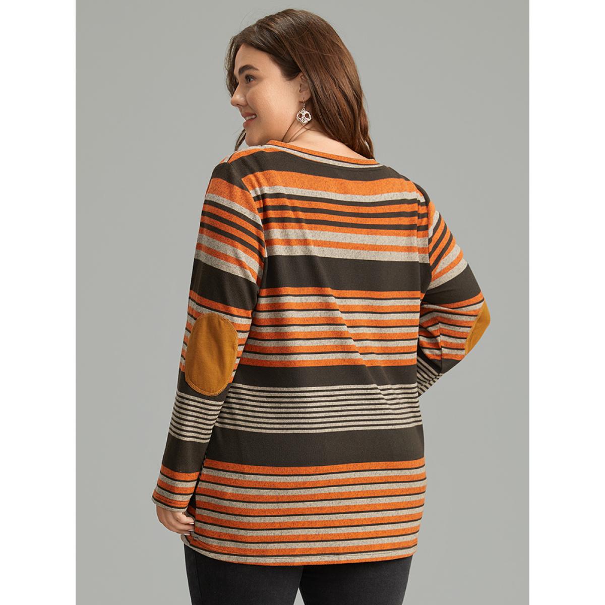 Plus Size Halloween Striped Contrast Button Detail T-shirt Multicolor Women Casual Contrast Striped V-neck Festival-Halloween T-shirts BloomChic 12/L Product Image
