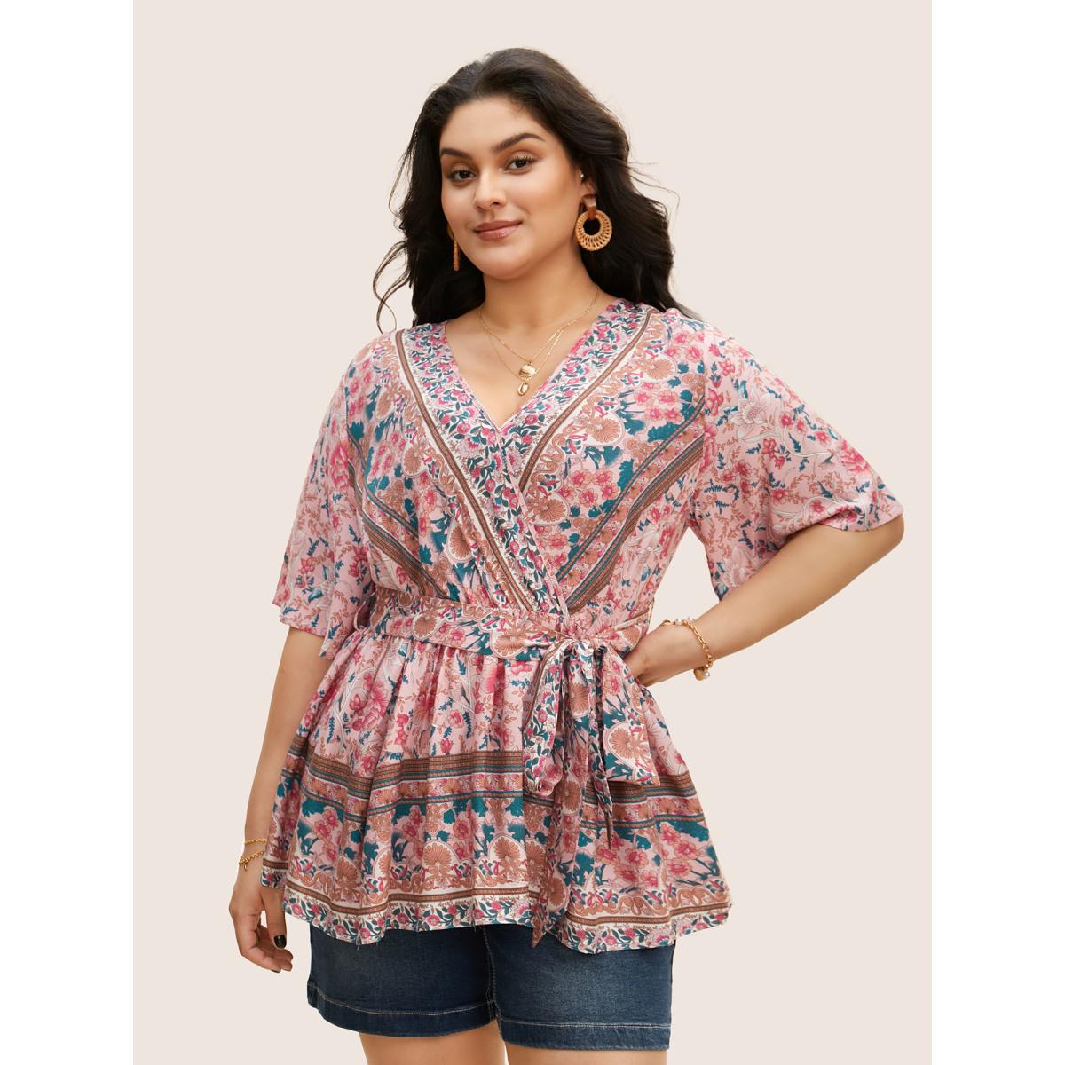 Plus Size Blush Floral Print Ruffles Belted Blouse Women Boho Half Sleeve V-neck Vacation Blouses BloomChic 22-24/3X Product Image