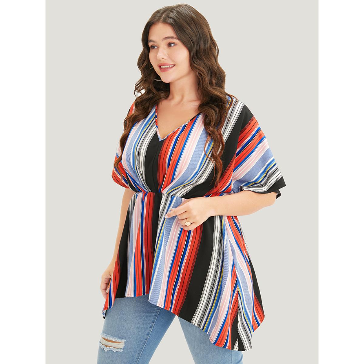 Plus Size Stone Striped Contrast Dolman Sleeve Asymmetrical Hem Blouse Women Vacation Short sleeve V-neck Dailywear Blouses BloomChic 12/L Product Image