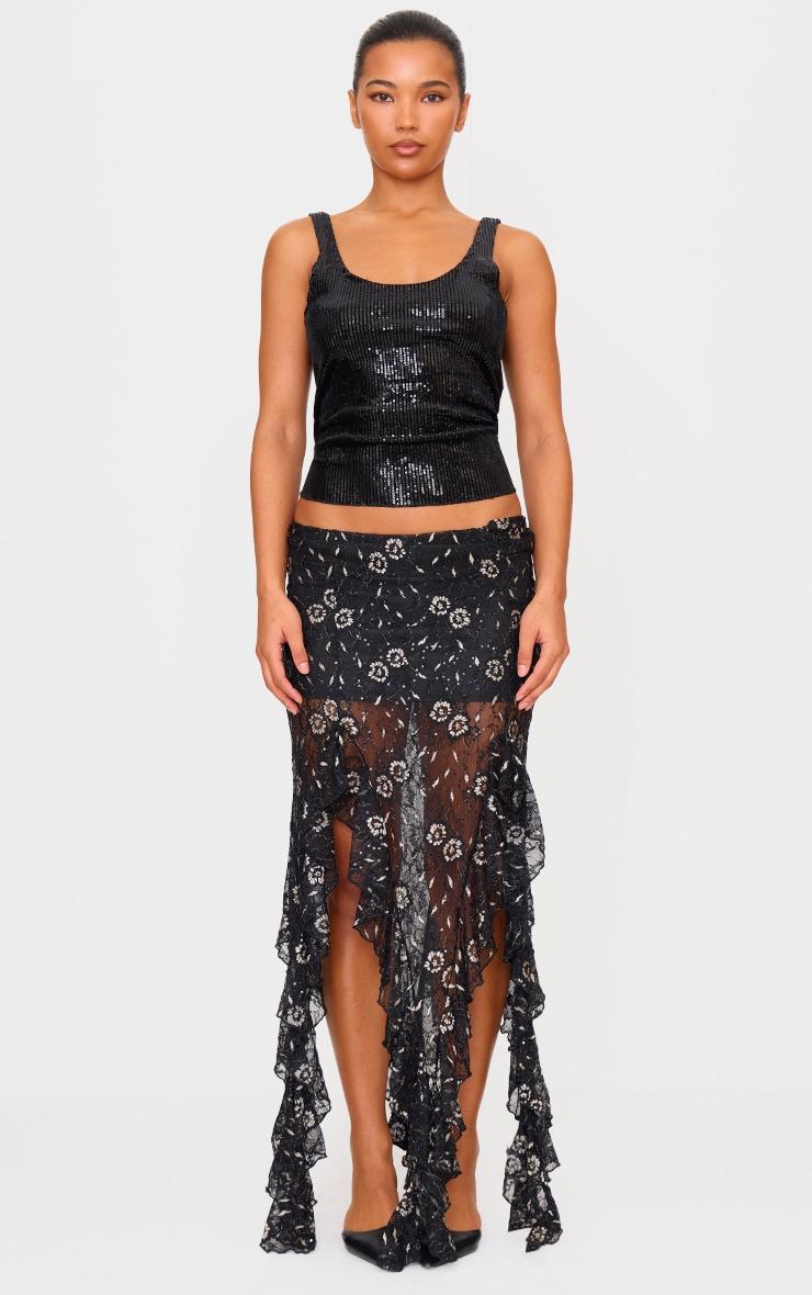 Black Sequin Lace Drape Detail Maxi Skirt Product Image