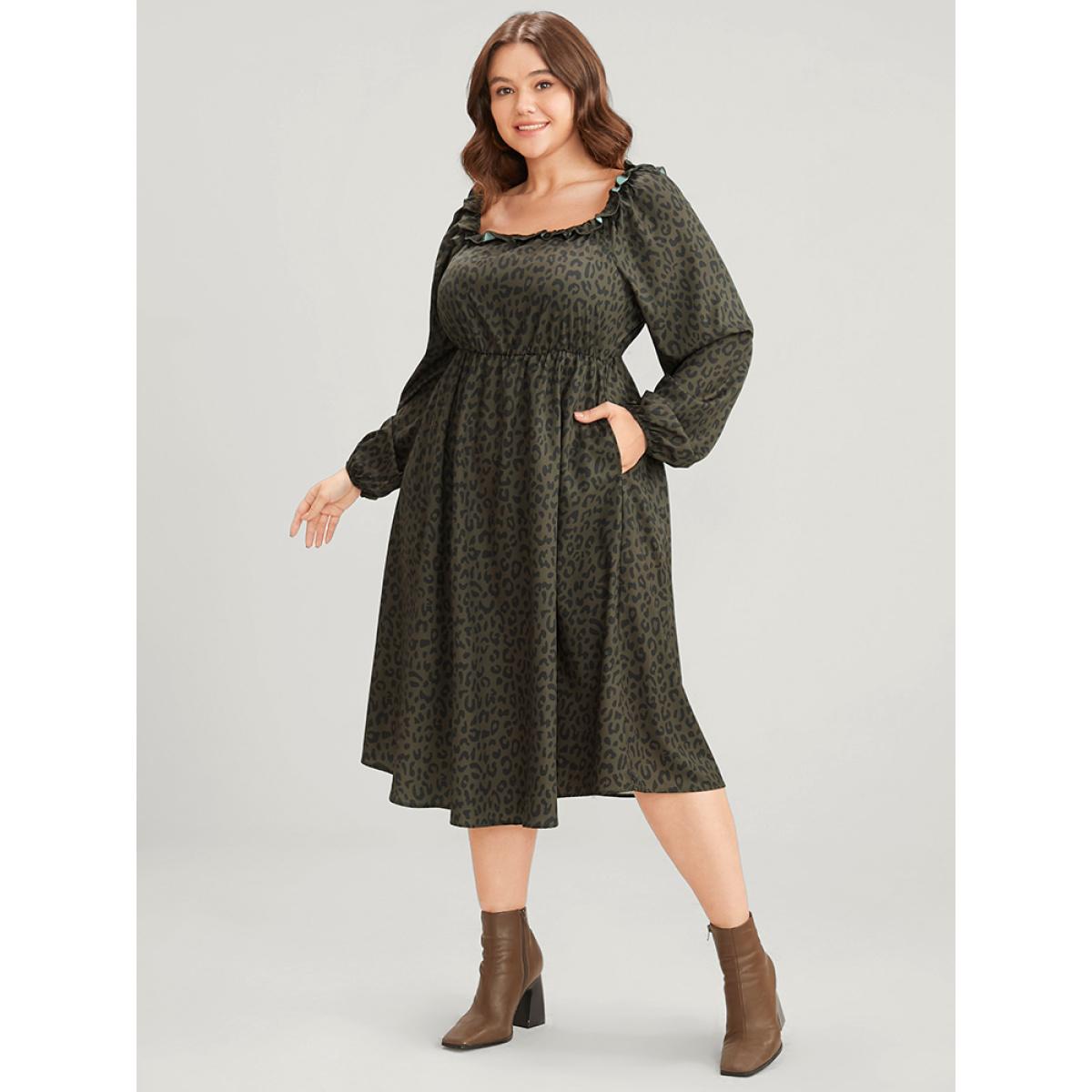 Plus Size Leopard Print Square Neck Pocket Puff Sleeve Midi Dress ArmyGreen Women Elegant Square Neck Long Sleeve Curvy Midi Dress BloomChic 18-20/2X Product Image