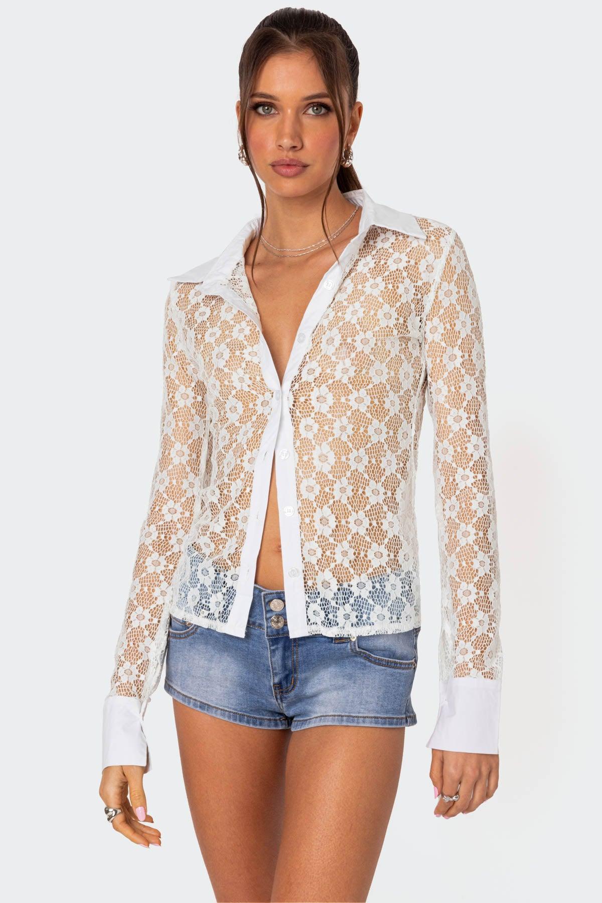 Cecilia Sheer Lace Button Up Shirt Product Image