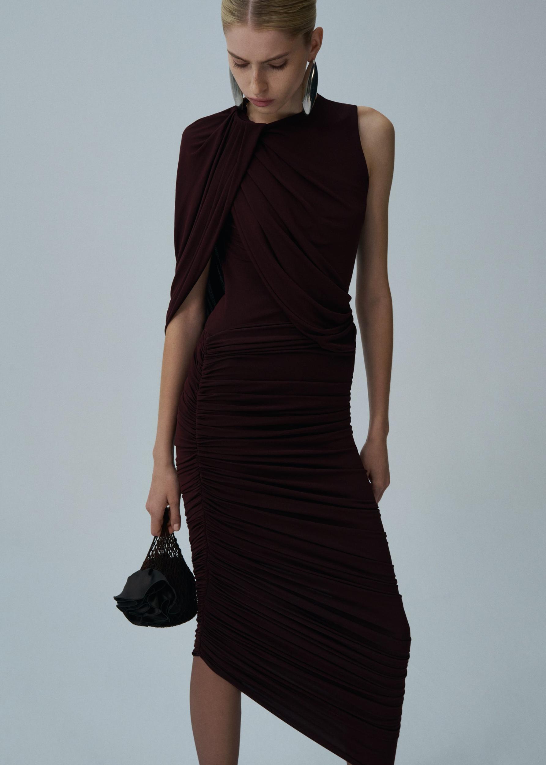 Asymmetrical draped midi skirt in bordeaux Product Image