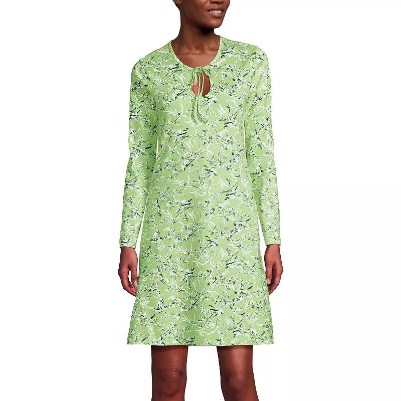 Women's Lands' End Cotton Interlock Long Sleeve Nightgown, Size: XL, Soft Green Bird Song Product Image