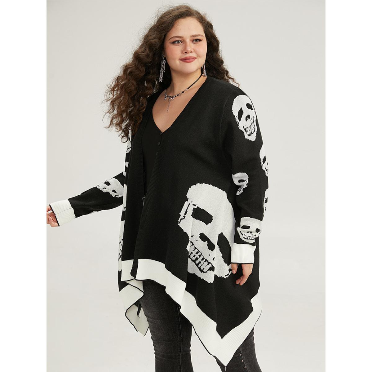 Plus Size Supersoft Essentials Halloween Skull Asymmetrical Hem Cardigan Black Women Casual Loose Long Sleeve Festival-Halloween Cardigans BloomChic 14-16/1X Product Image