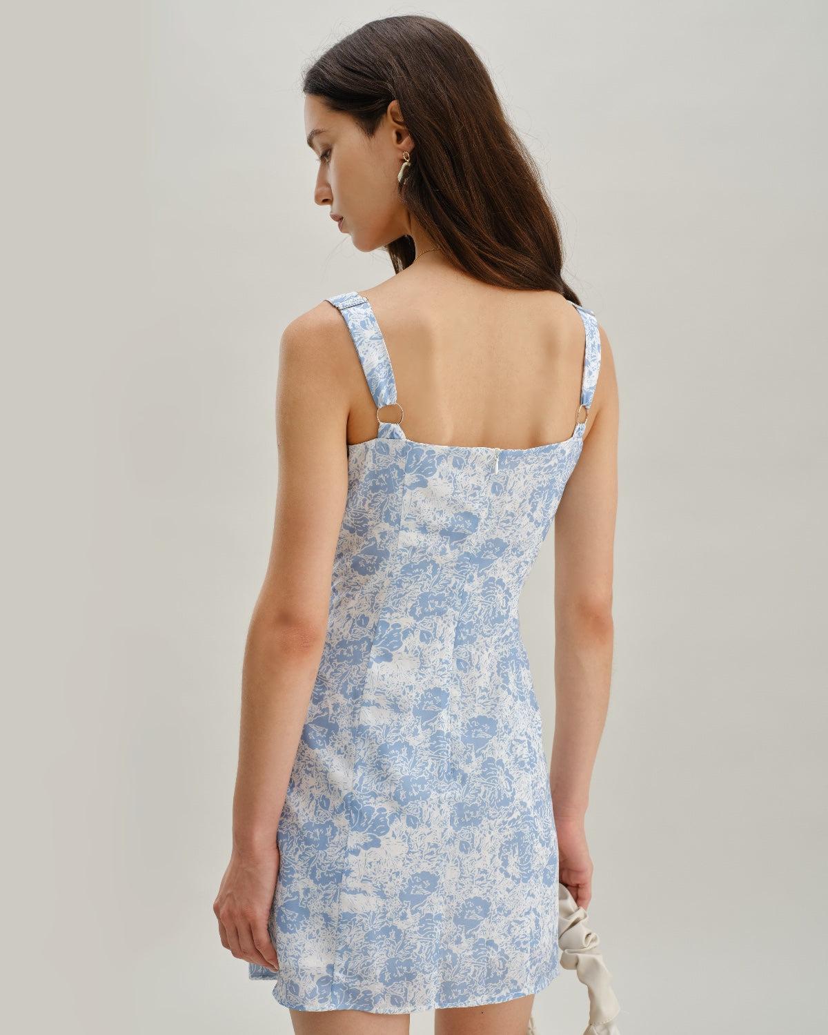 Blue Floral Square Neck A-Line Slip Mini Dress Product Image