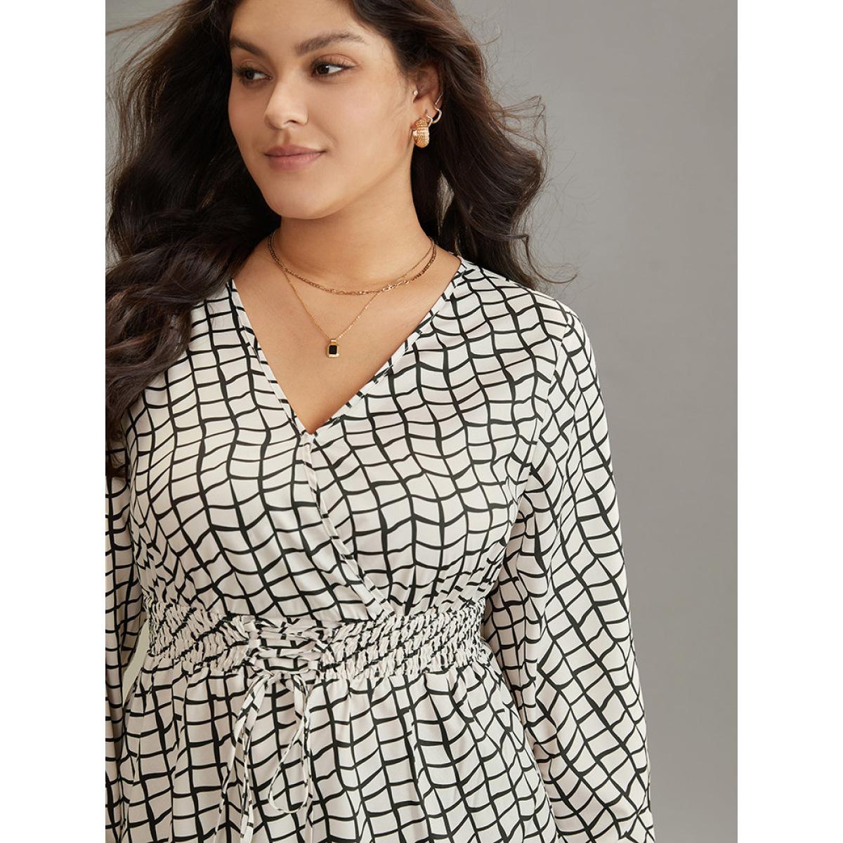 Plus Size White Plaid Lace Up Overlap Collar Shirred Blouse Women Office Long Sleeve Overlap Collar Work Blouses BloomChic 14-16/1X Product Image