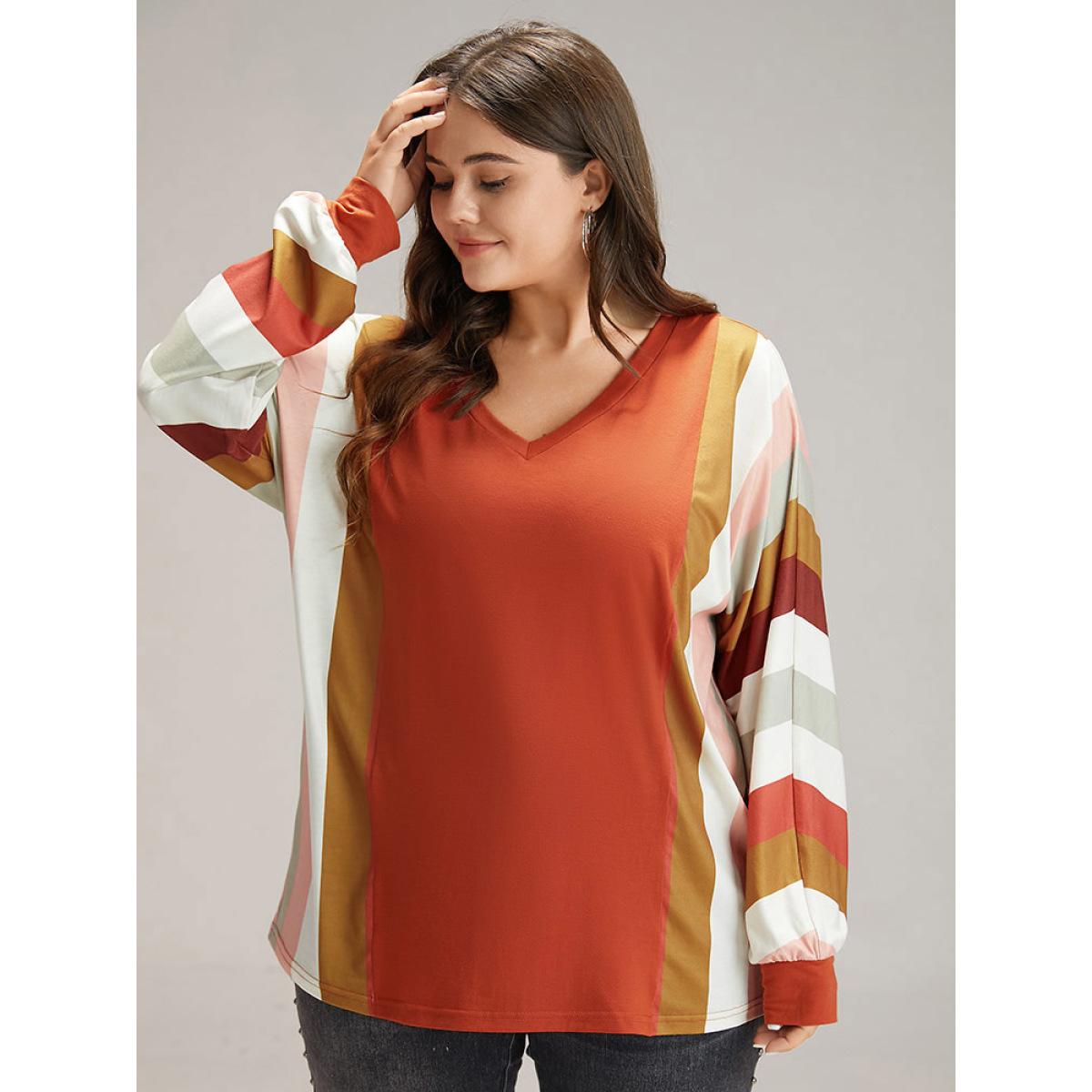 Plus Size Colour Striped V Neck Batwing Sleeve T-shirt Multicolor Women Casual Elastic cuffs Striped V-neck Dailywear T-shirts BloomChic 10/M Product Image