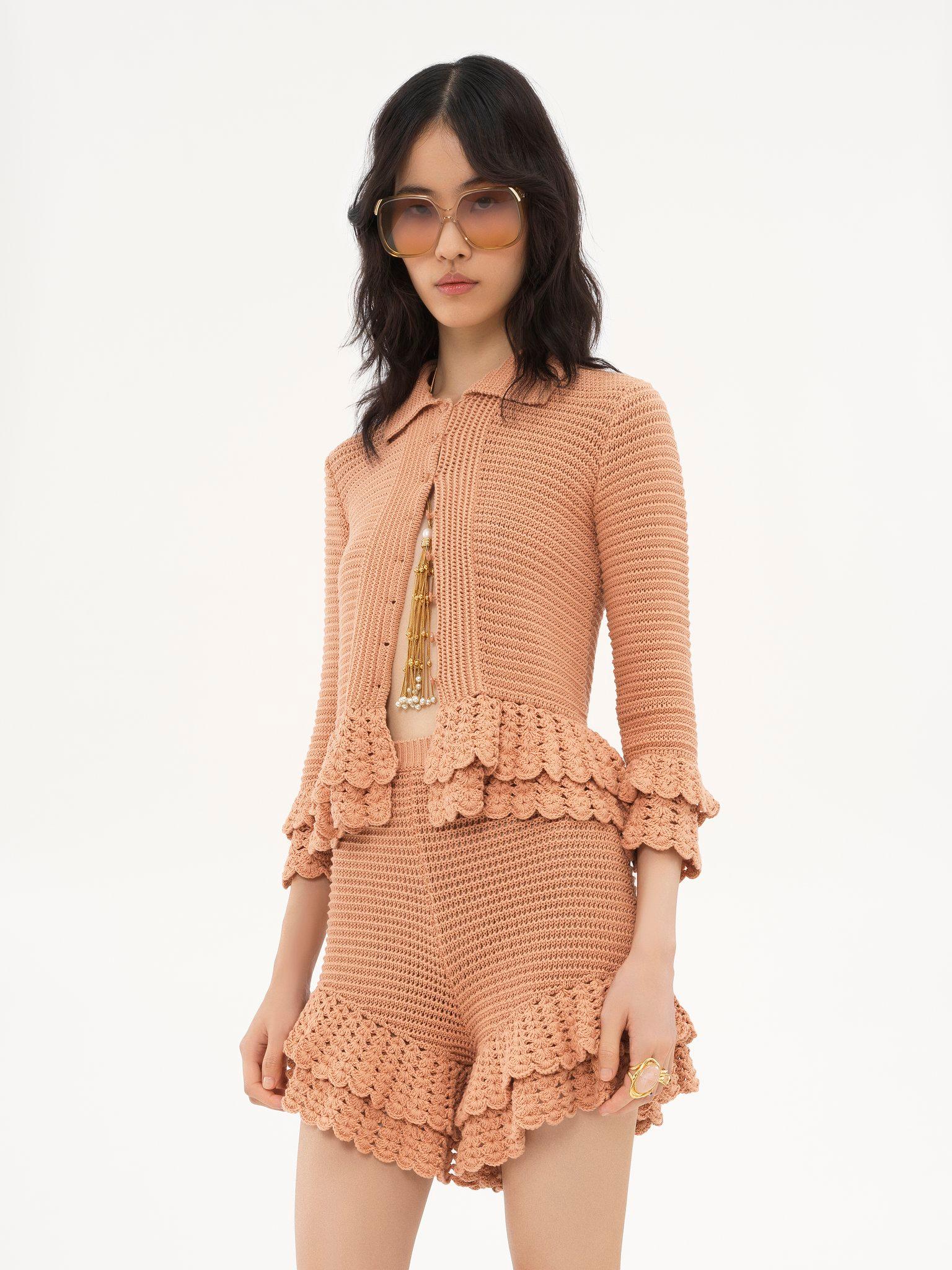 Fitted ruffled cardigan in crochet knit Product Image