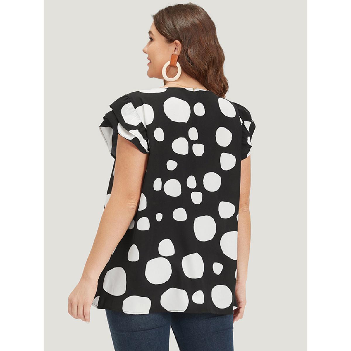 Plus Size Black Polka Dot Flutter Cap Sleeve Tiered Blouse Women Elegant Cap Sleeve Round Neck Dailywear Blouses BloomChic 30/6X Product Image