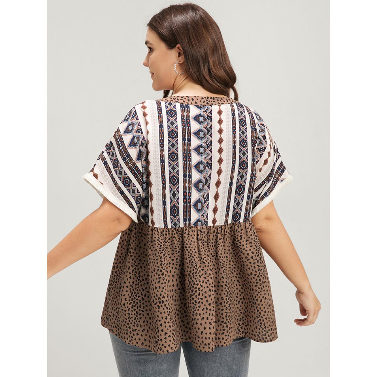 Plus Size DarkBrown Leopard Geometric Contrast Elastic Waist Ties Neck Blouse Women Vacation Short sleeve V-neck Dailywear Blouses BloomChic 10/M Product Image