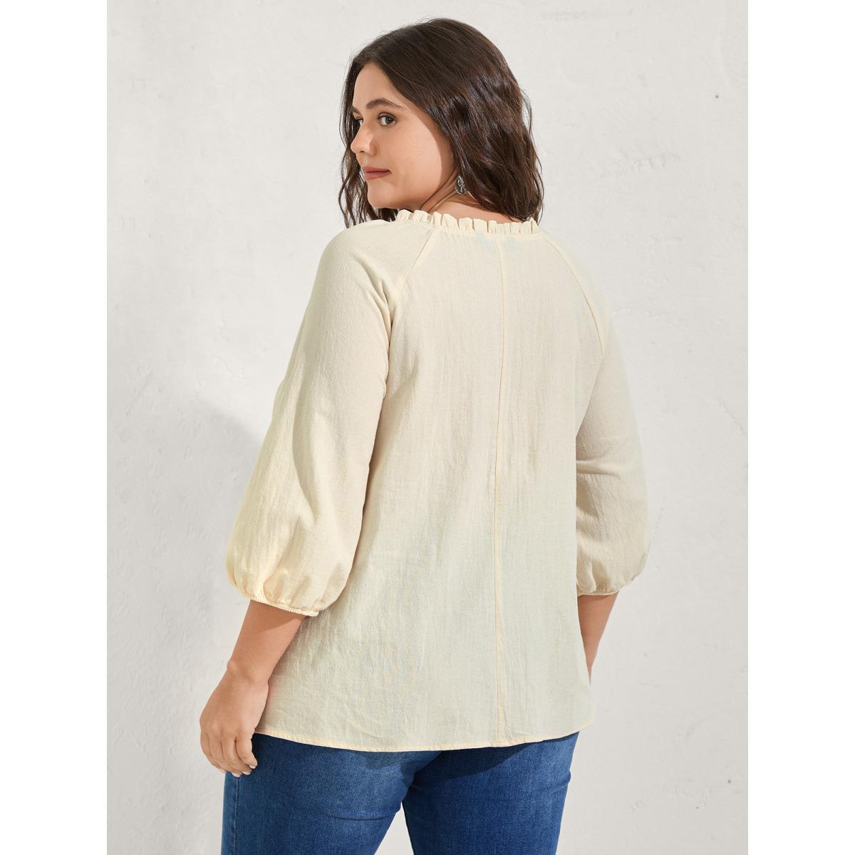 Plus Size Ivory Cotton Lace Embroidered Shirred Neck-Tie Blouse Women Elbow-length sleeve Flat collar with V-notch Vacation Blouses BloomChic 14-16/1X Product Image