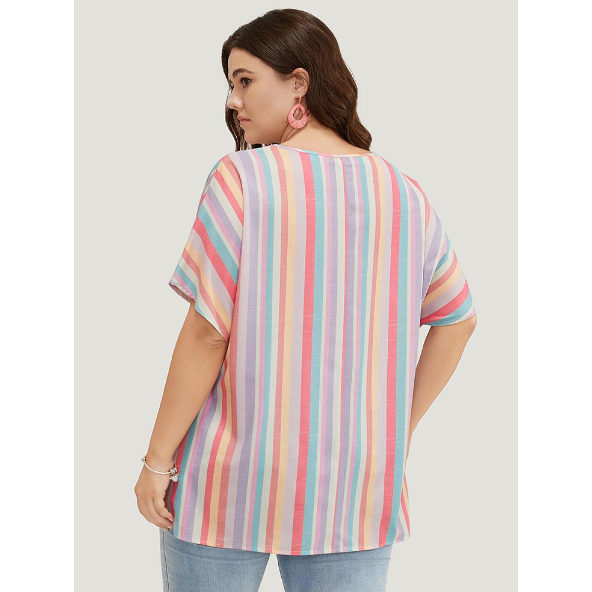 Plus Size Multicolor Rainbow Striped Batwing Sleeve Contrast Asymmetrical Hem Blouse Women Vacation Short sleeve V-neck Dailywear Blouses BloomChic 26/4X Product Image