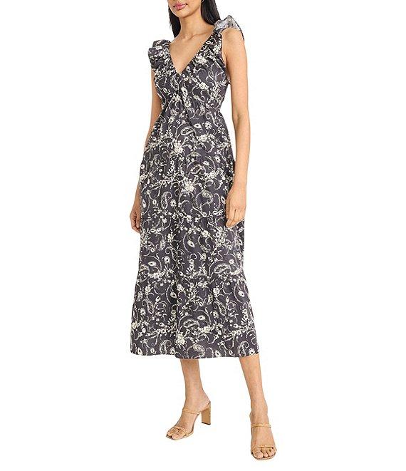 The Good Journey V-Neck Ruffle Shoulder Printed Cotton Poplin A-Line Midi Dress Product Image