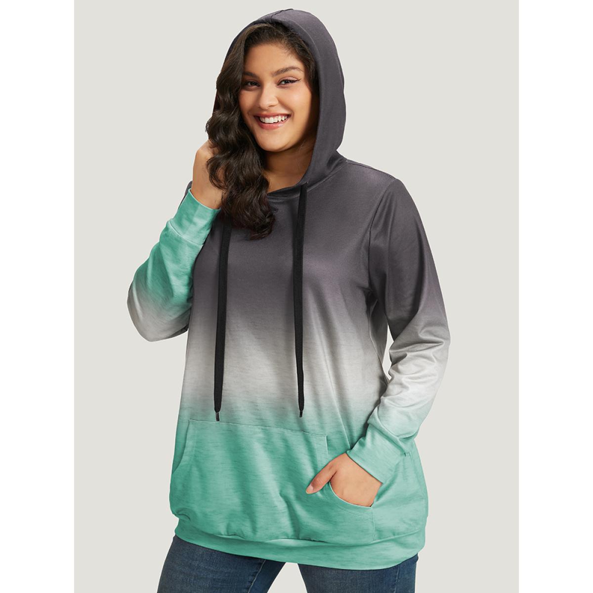 Plus Size Ombre Pocket Drawstring Hooded Sweatshirt Women Gray Casual Elastic cuffs Hooded Everyday Sweatshirts BloomChic 18-20/2X Product Image