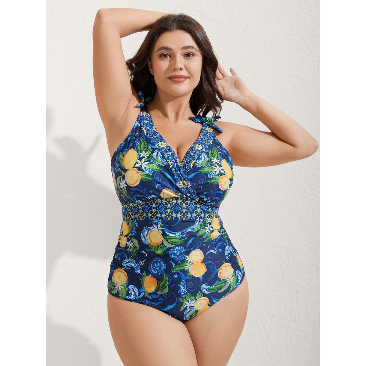 Plus Size Two-Piece Citrus Print Sarong Swimsuit Women's Swimwear Indigo Resort Tie knot Curve Bathing Suits High stretch One Pieces BloomChic 30/6X Product Image
