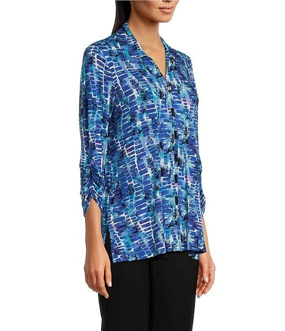 Ali Miles Stretch Abstract Tile Print Collared Neckline 3/4 Ruched Sleeve Tunic Product Image