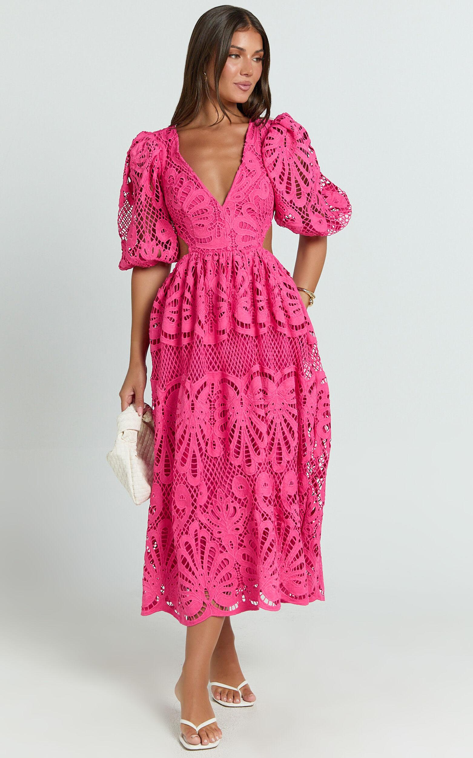 Anieshaya Midi Dress - V Neck Cut Out Lace Dress in Pink Product Image