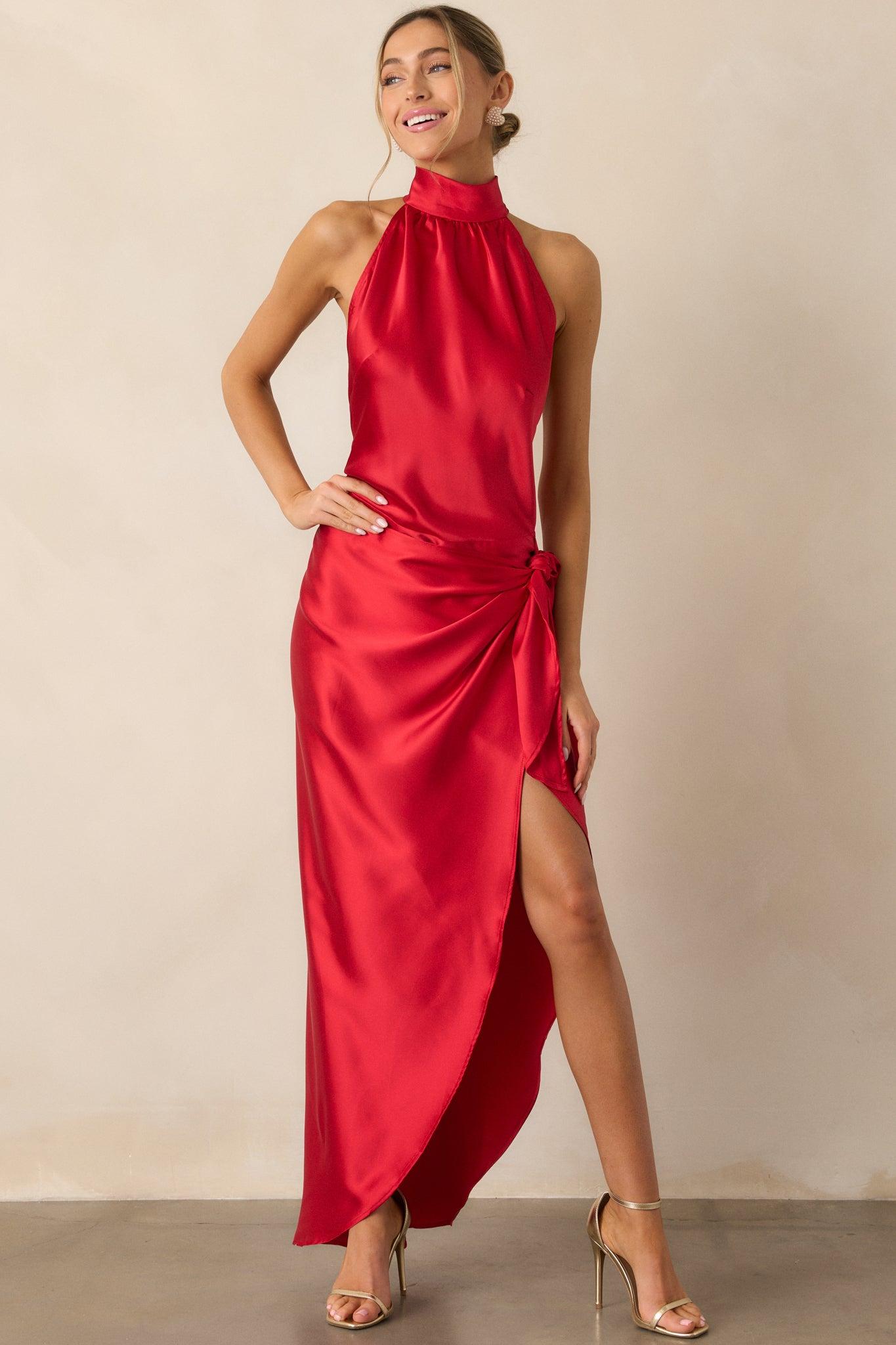 A Night Out Red Satin Halter Neck Maxi Dress Product Image