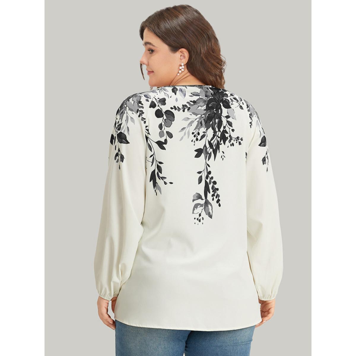 Plus Size Ivory Plants Print Lantern Sleeve Button Detail Blouse Women Vacation Long Sleeve V-neck Dailywear Blouses BloomChic 26/4X Product Image