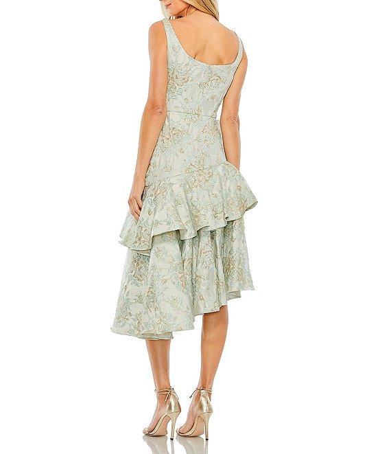 Mac Duggal V-Neck Rose Applique Detail Asymmetrical Drop Waist Ruffle Hem Midi Dress Product Image