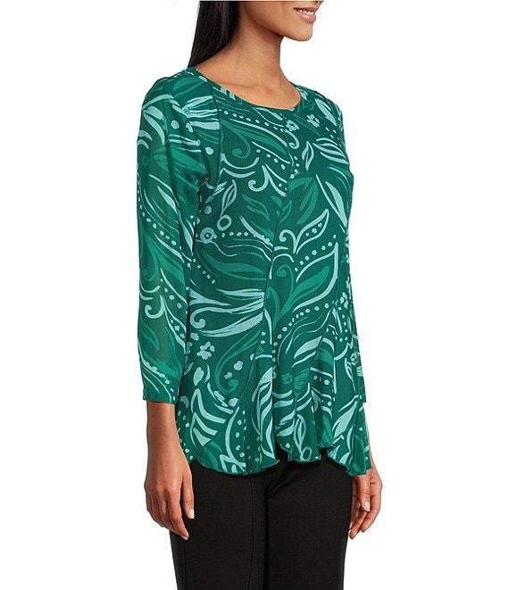 Slim Factor by Investments Kiki Paisley Print Crew Neck Long Sleeve Ruffled Hem Lined Top Product Image