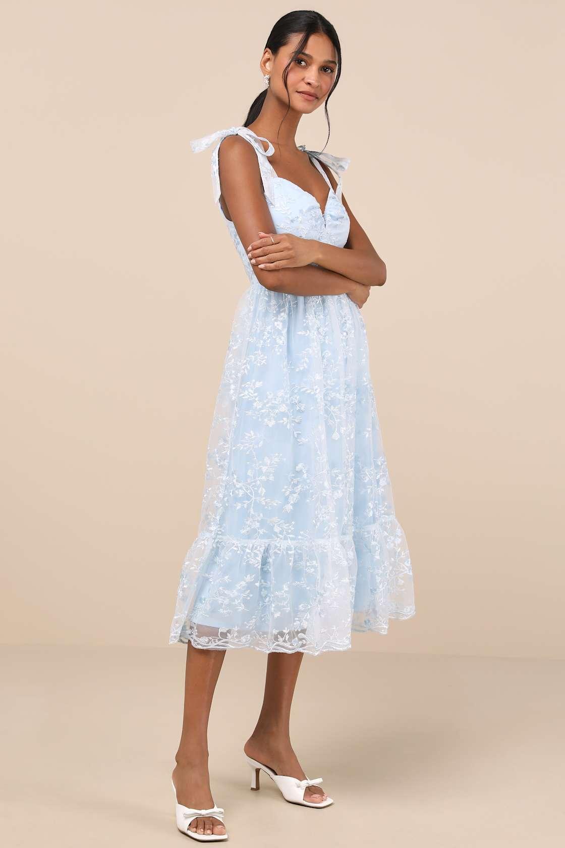 Distinctly Sweet Blue Floral Embroidered Tie-Strap Midi Dress Product Image