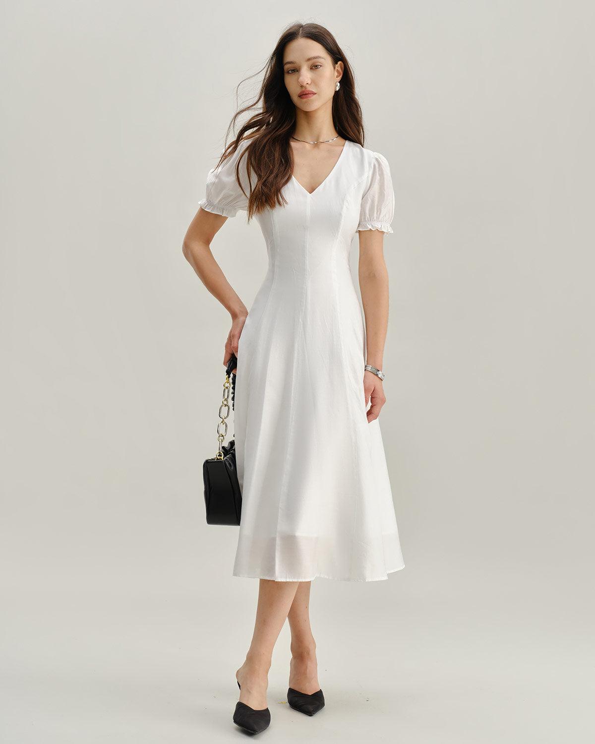 White Puffed Sleeve V Neck Midi Dress Product Image
