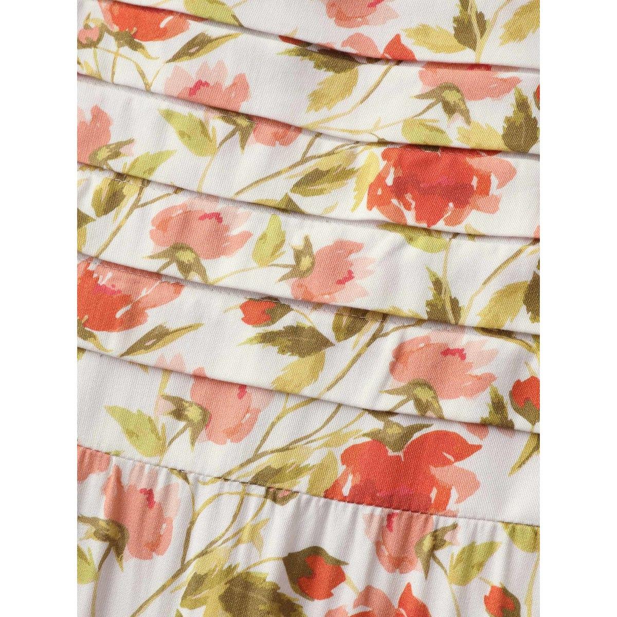 Plus Size Floral Pleated Bodice Pockets Midi Dress Ivory Women Tucked seam Square Neck Short sleeve Curvy BloomChic 12/L Product Image