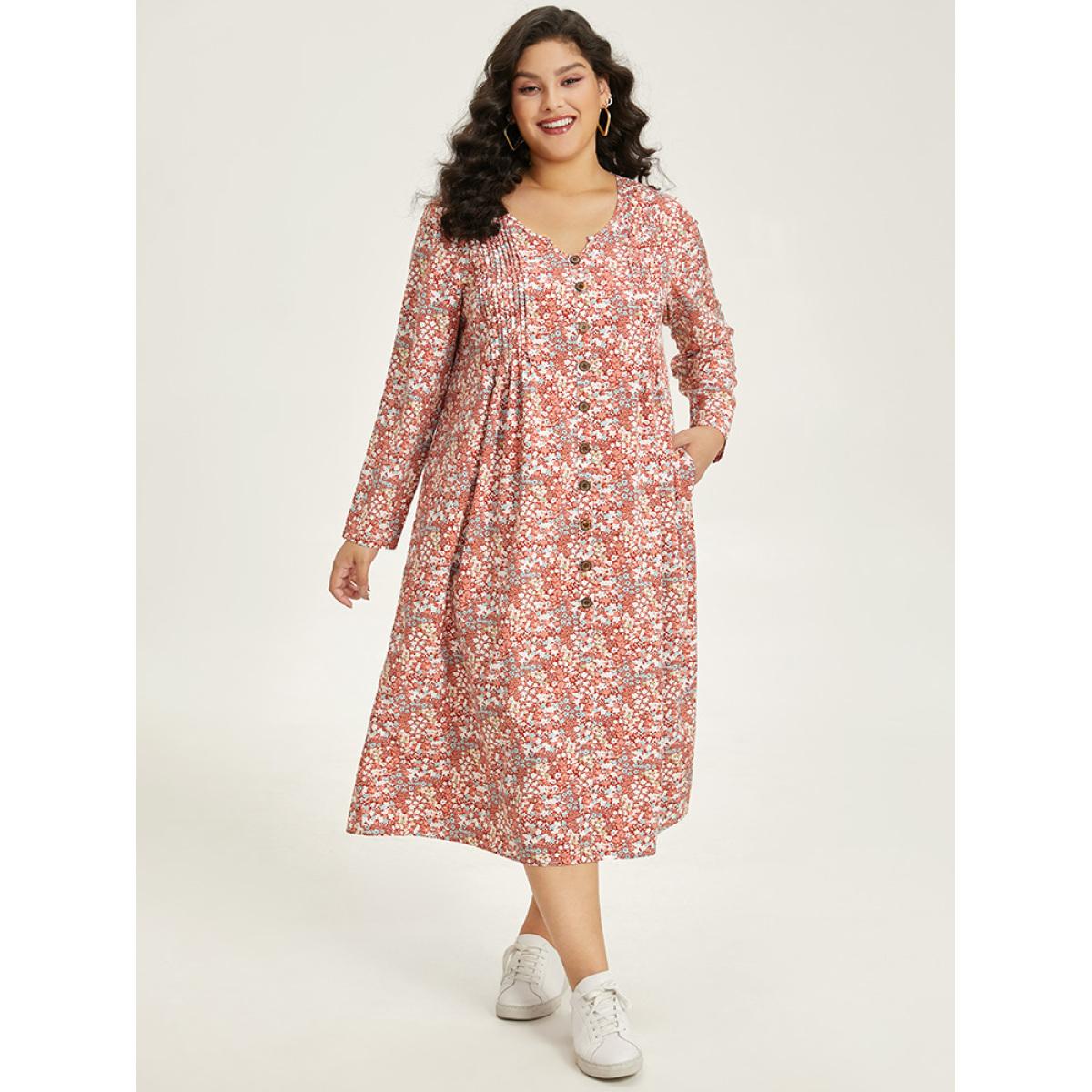 Plus Size Ditsy Floral Notched Pocket Button Detail Dress Russet Women Casual Printed Notched collar Long Sleeve Curvy Midi Dress BloomChic 12/L Product Image