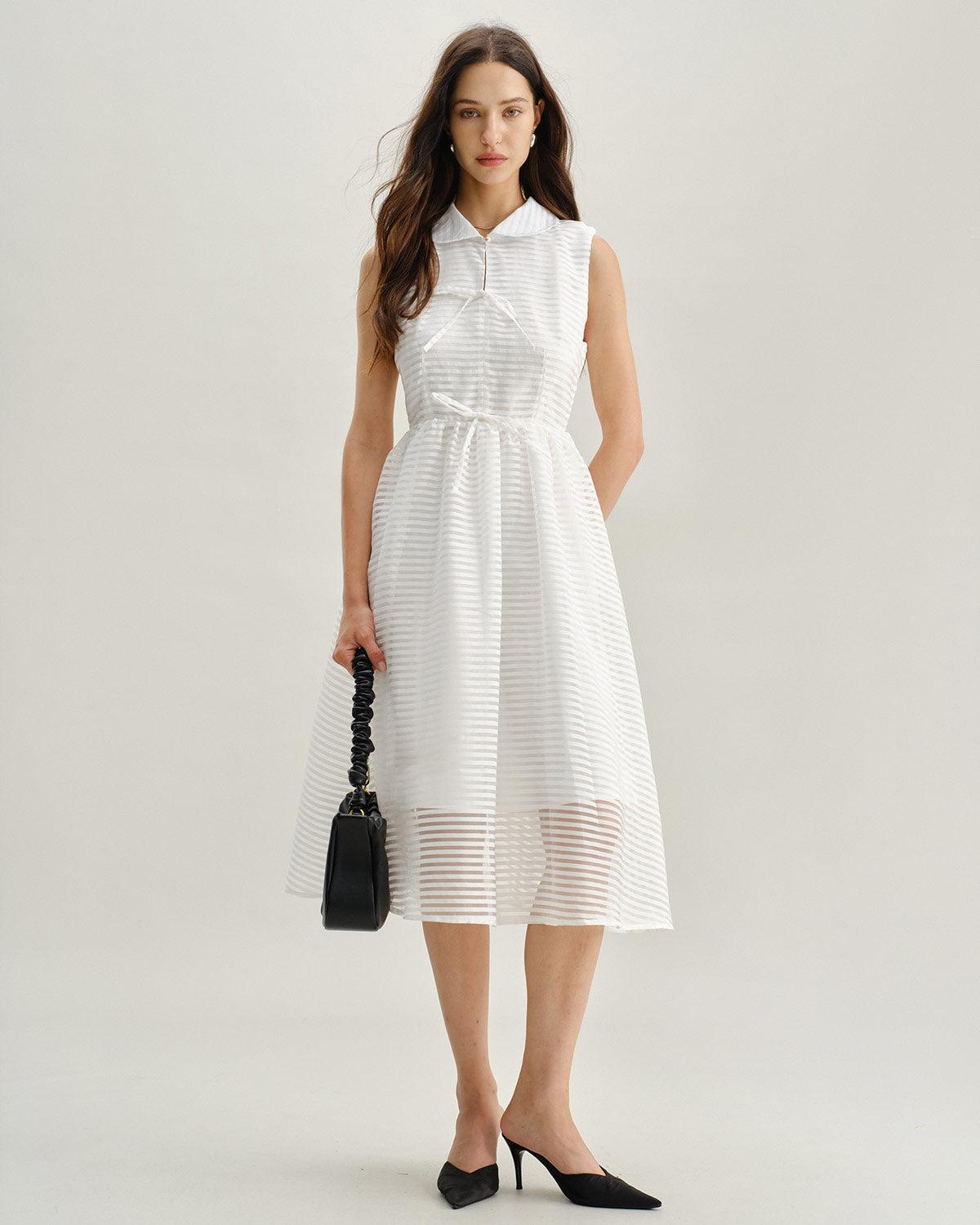 White Striped Sleeveless Midi Dress Product Image