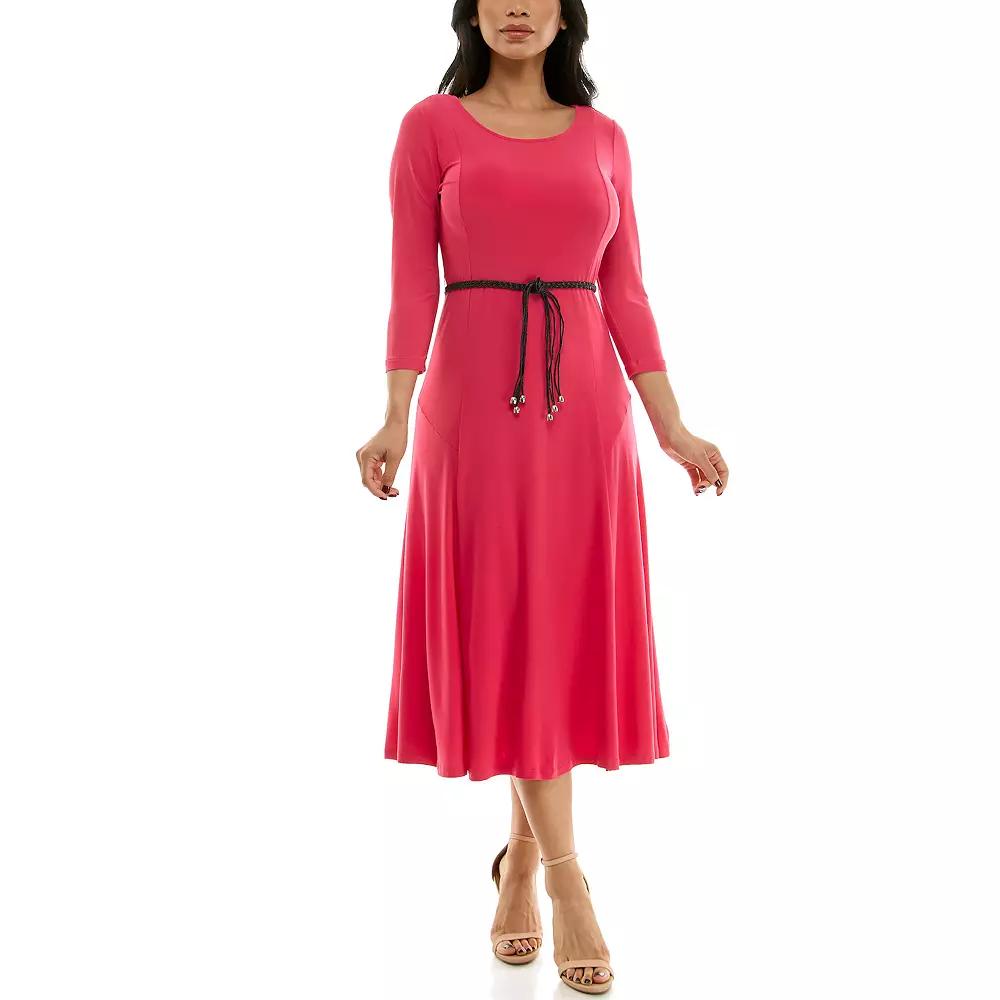 Women's Nina Leonard Sylvia Three-Quarter Sleeve Belted Midi Dress,  Product Image