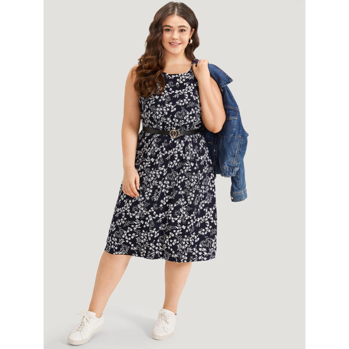 Plus Size Ditsy Floral Pocket Crew Neck Tank Dress Navy Women Casual Printed Round Neck Sleeveless Curvy Midi Dress BloomChic 22-24/3X Product Image