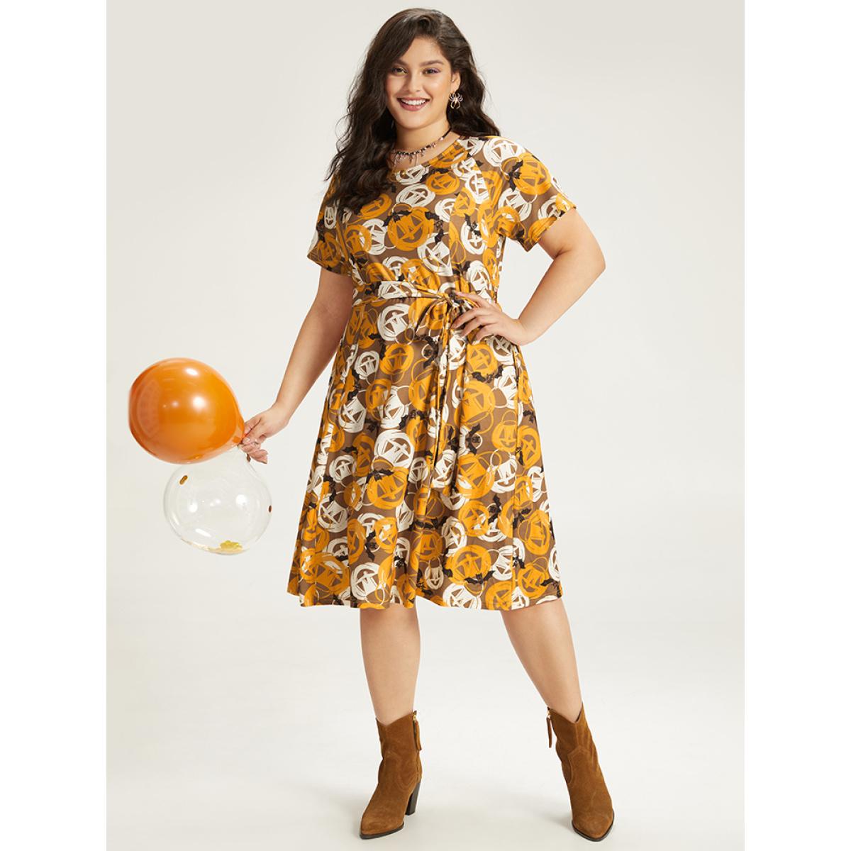 Plus Size Halloween Print Crew Neck Pocket Belted Dress Orange Women Elegant Belted Round Neck Short sleeve Curvy Midi Dress BloomChic 22-24/3X Product Image