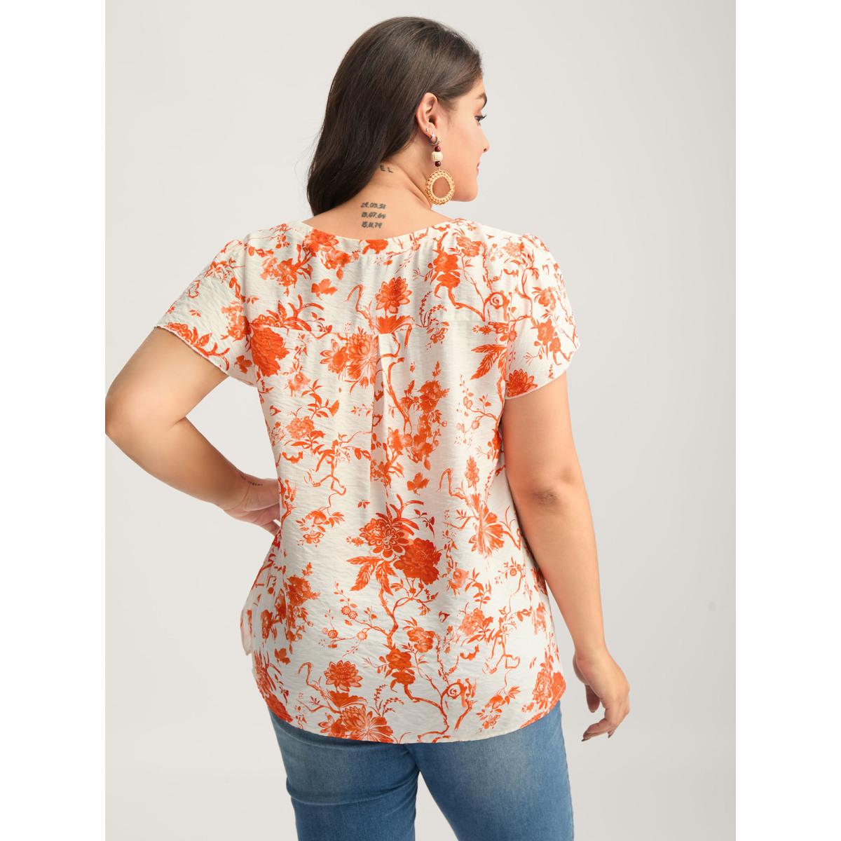 Plus Size Brightorange Floral Print Pleated Front Blouse Women Cap Sleeve V-neck Vacation Blouses BloomChic 26/4X Product Image