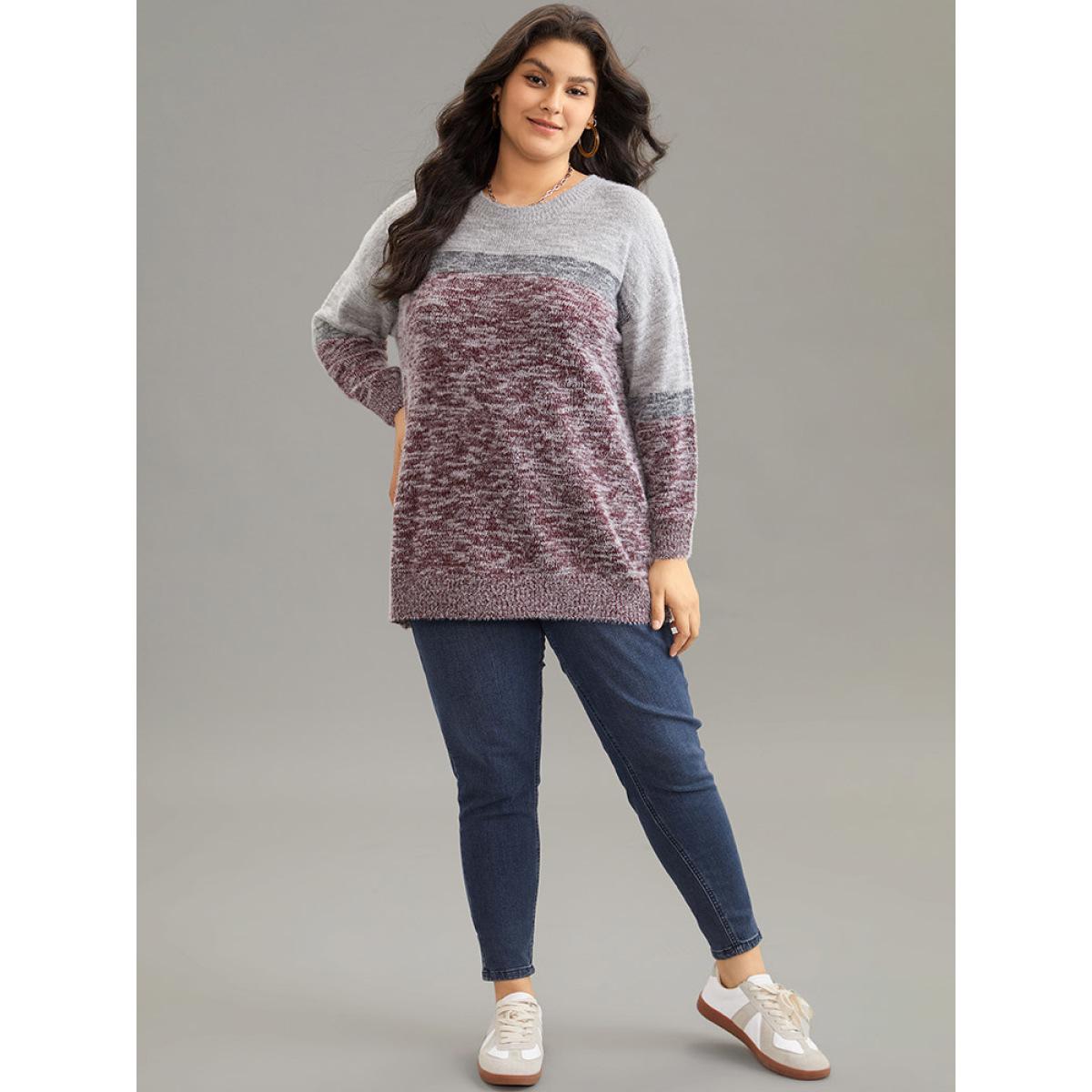 Plus Size Heather Contrast Crew Neck Drop Shoulder Pullover Burgundy Women Casual Loose Long Sleeve Round Neck Dailywear Pullovers BloomChic 10/M Product Image