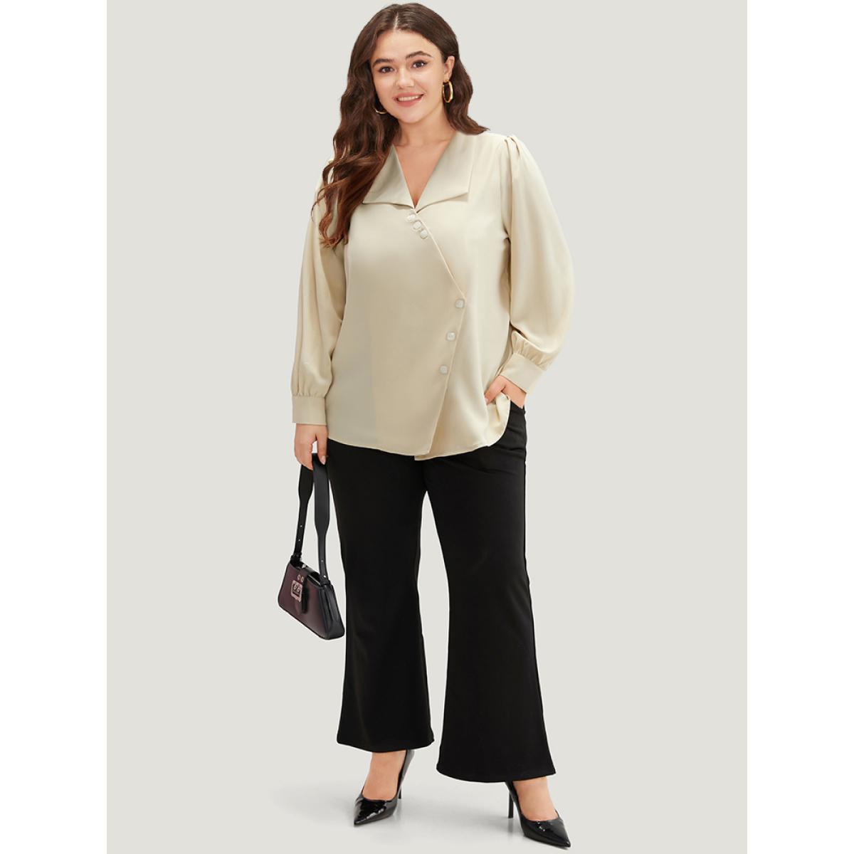 Plus Size Apricot Lapel Collar Asymmetrical Button Up Blouse Women Office Long Sleeve Lapel Collar Office Blouses BloomChic 14-16/1X Product Image