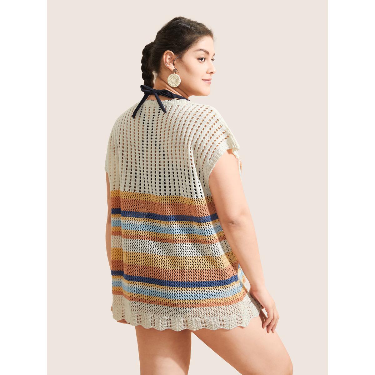 Plus Size Contrast Striped Crochet Cut Out Swim Cover Up Women's Swimwear Ivory Beach Crochet Curve Swim Cover Ups BloomChic 26/4X Product Image