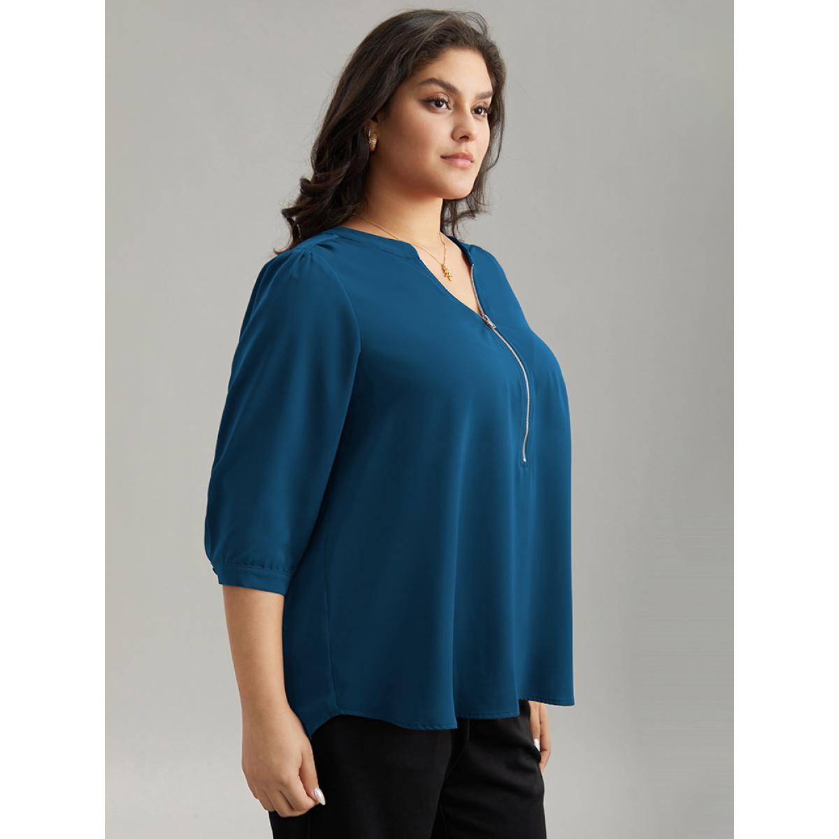 Plus Size Aegean Plain Half Zip Gathered Blouse Women Work From Home Elbow-length sleeve V-neck Office Blouses BloomChic 14-16/1X Product Image