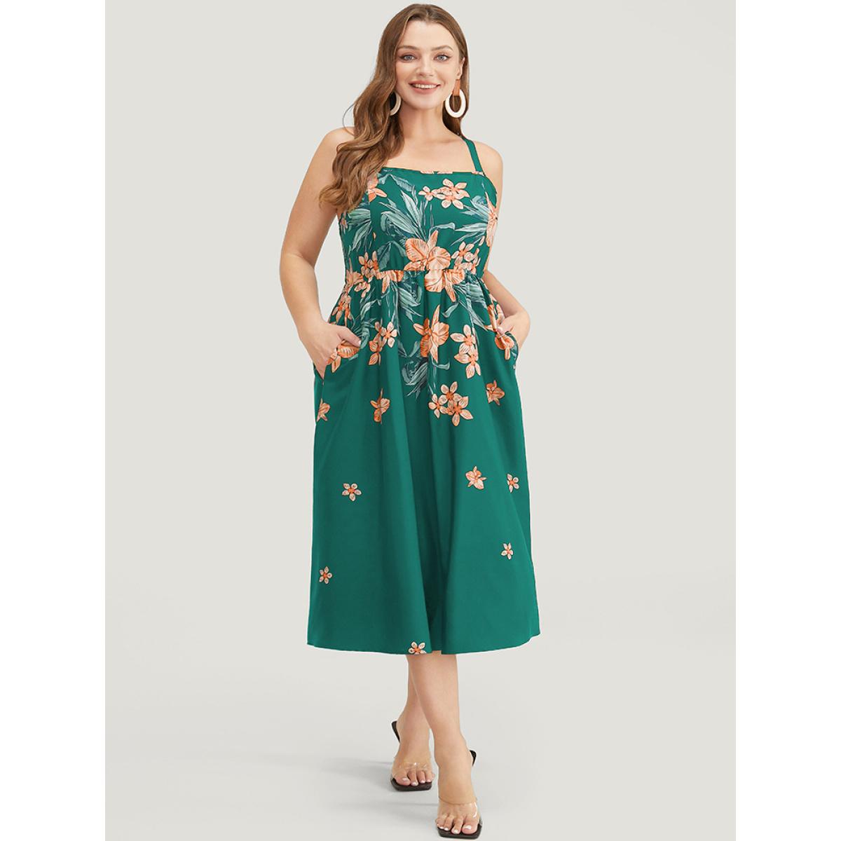 Plus Size Floral Pocket Adjustable Straps Ruffle Hem Cami Dress Green Women Elegant Adjustable Straps Spaghetti Strap Sleeveless Curvy Midi Dress BloomChic 14-16/1X Product Image