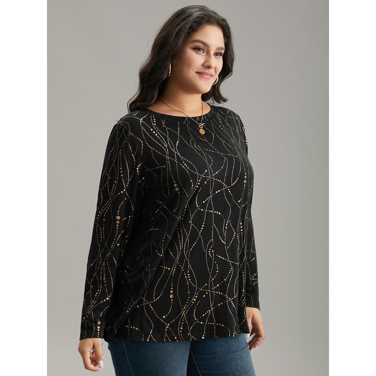 Plus Size Polka Dot Contrast Round Neck T-shirt Black Women Leisure Contrast Polka Dot Round Neck Casual T-shirts BloomChic 28/5X Product Image