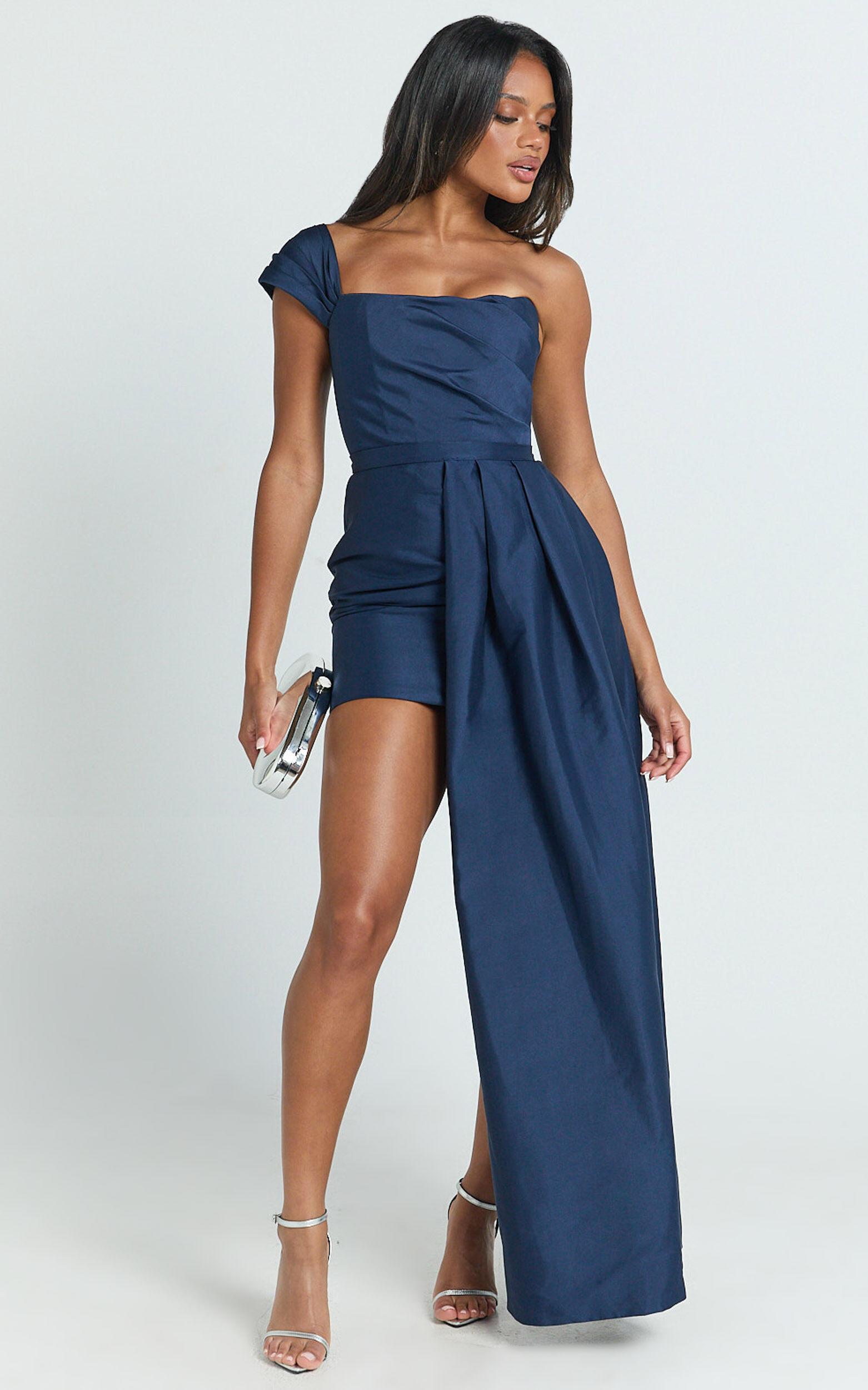 Stefania Mini Dress - Asymmetrical Removable Skirt Ruched Strapless Bodycon Dress in Navy Product Image